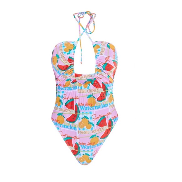 Pretty Little Thing Multi Contrast Fruit Print Scoop Neck Ruched Swimsuit US 4 - Picture 3 of 7